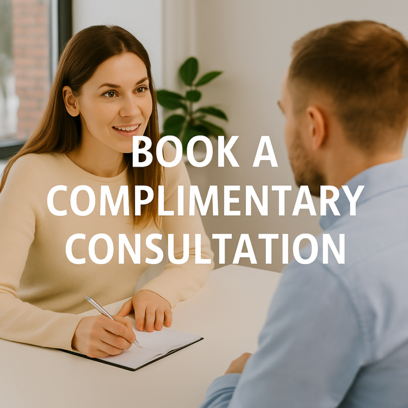 a friendly professional woman sits at a desk with a notebook, smiling and speaking with a client during a consultation. white text over the image reads “book a complimentary consultation.” the setting is bright and welcoming.