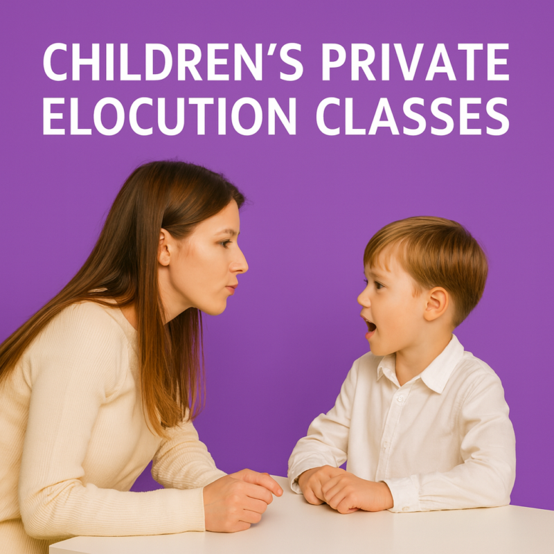a woman and a young boy sit facing each other at a table against a purple background. the woman demonstrates clear speech sounds while the boy copies her, illustrating a children’s private elocution class.