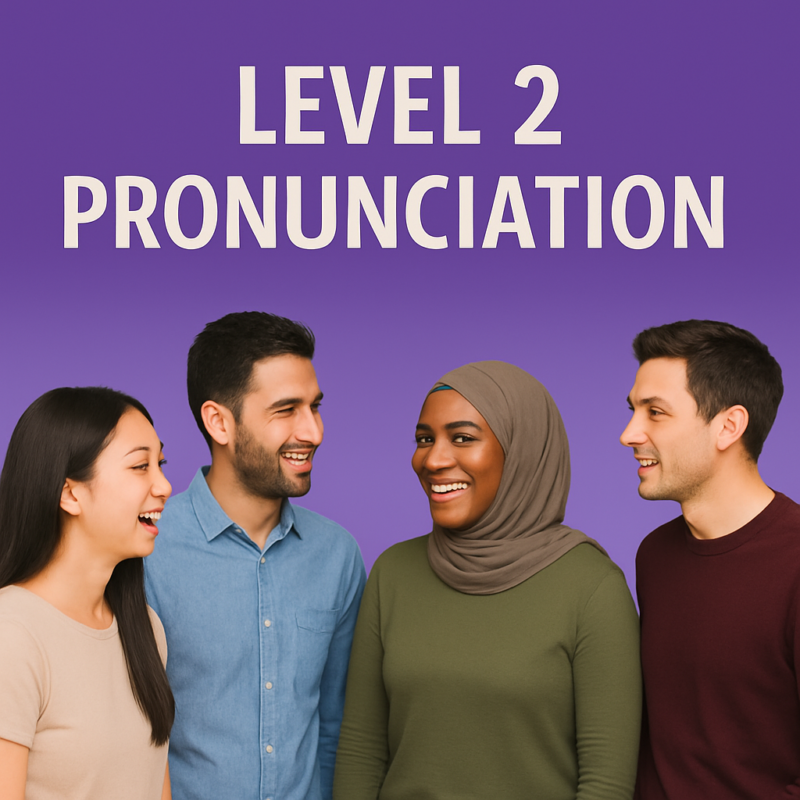 Four diverse adults in conversation, smiling and engaged, promoting Level 2 English Pronunciation with a focus on rhythm, intonation, and fluency