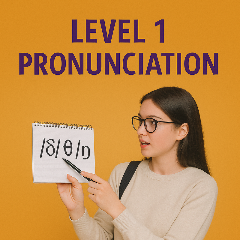 Young woman teaching English pronunciation holding a notepad with phonetic symbols /ʃ/, /θ/, and /ŋ/ in front of a bright orange background.