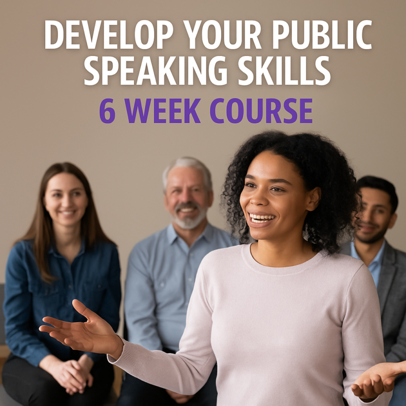 A confident woman speaks to a small, supportive group during a public speaking class, with participants smiling and engaged.