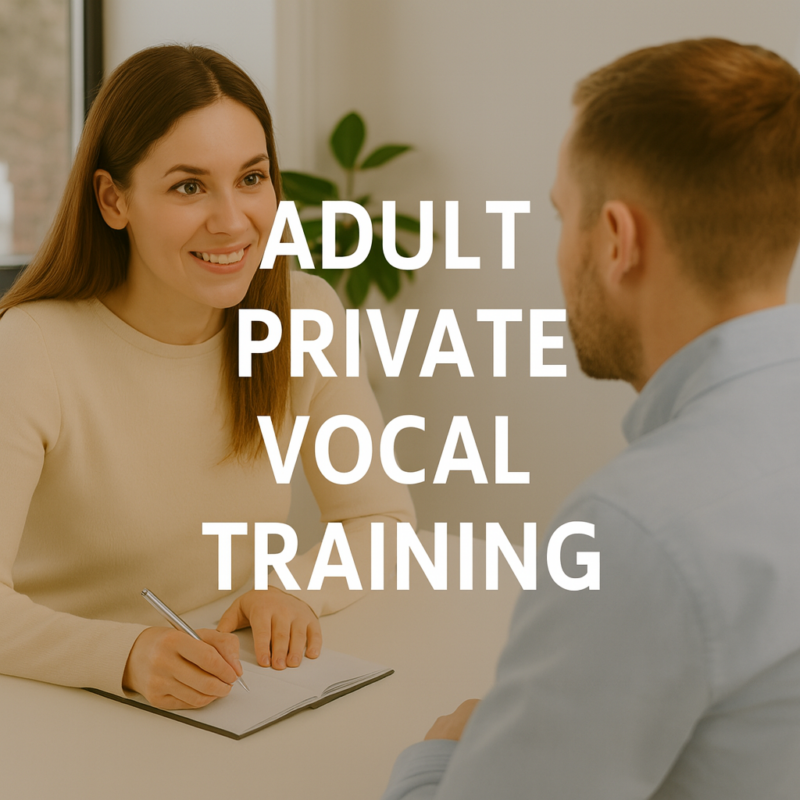 A woman smiling and taking notes while speaking with a man during a one-to-one vocal training session, with the text “Adult Private Vocal Training” displayed across the image.