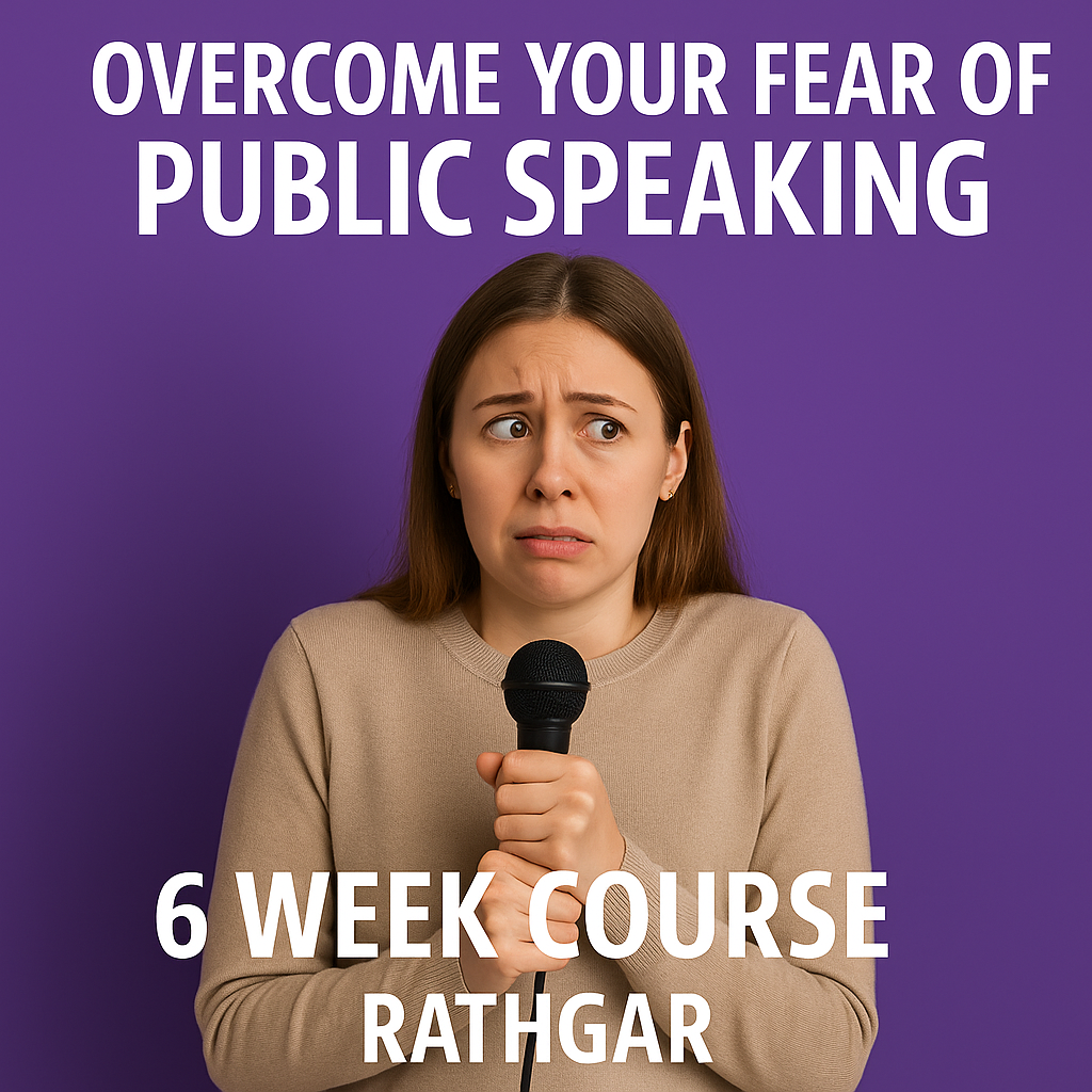 A nervous woman stands in front of a microphone