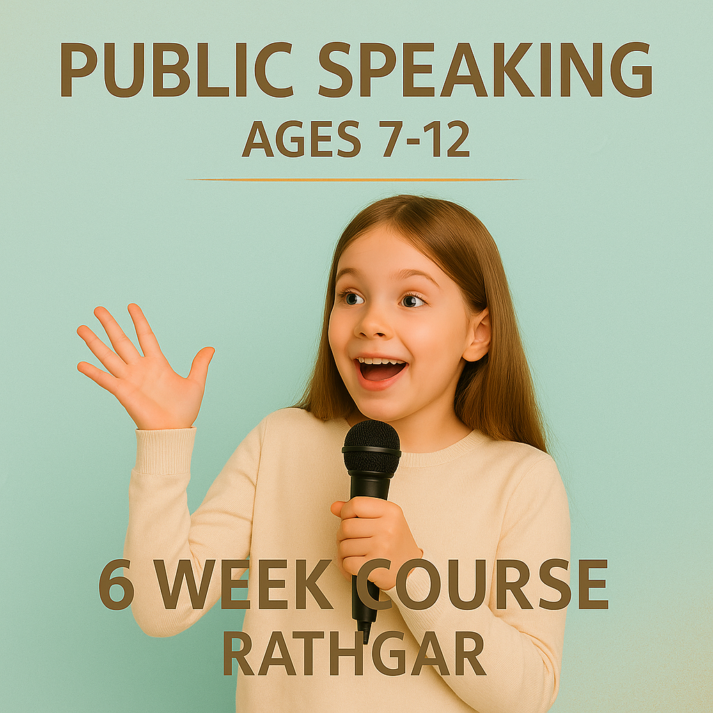 A confident young girl with long light brown hair holds a microphone and gestures with one hand. She stands in front of a soft mint green background. Text reads “Public Speaking Ages 7–12 – 6 Week Course Rathgar” in warm brown tones