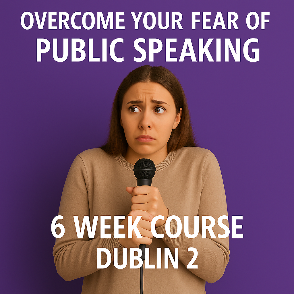 A worried young woman holding a microphone stands against a purple background. White text reads "Overcome Your Fear of Public Speaking – 6 Week Course Dublin 2
