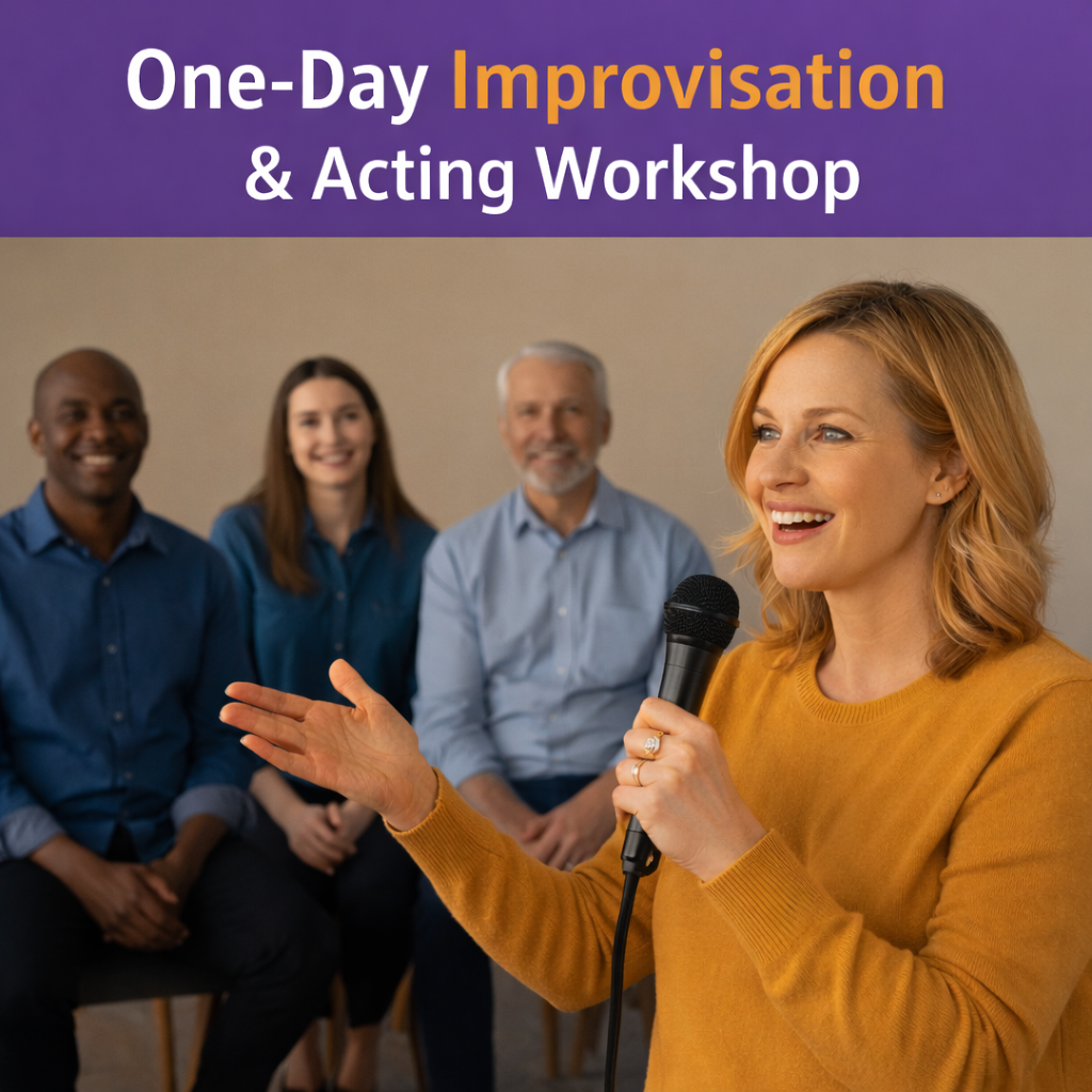 A vocal coach leading an adult improvisation and acting workshop, speaking confidently into a microphone while participants listen attentively.