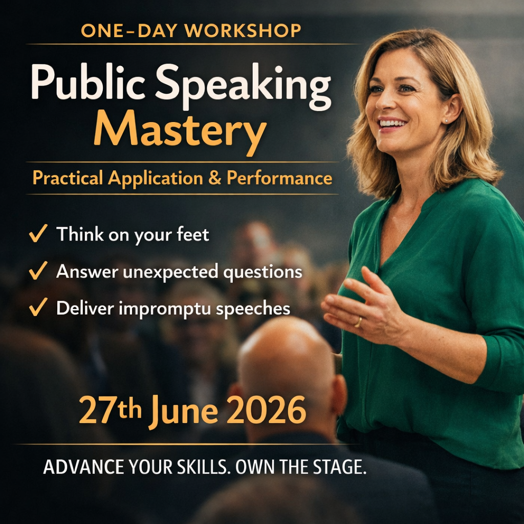 Advanced public speaking workshop with female speaker presenting to an audience, promoting one-day Public Speaking Mastery course on 27th June 2026