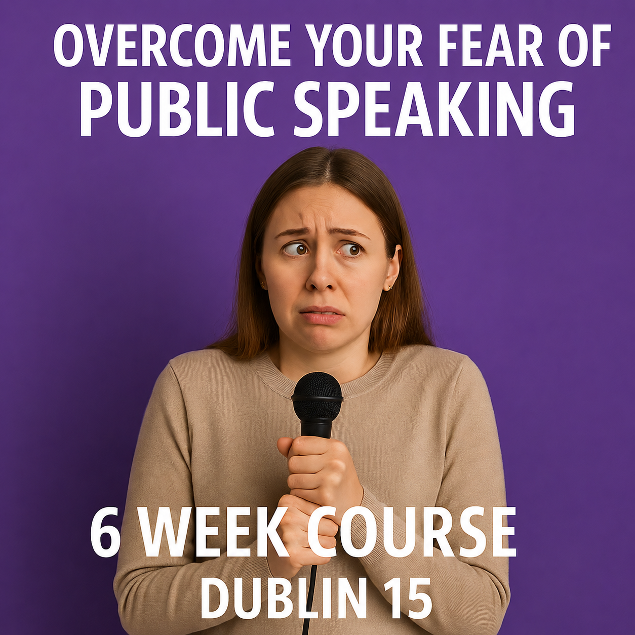 Woman with microphone scared of speaking in public