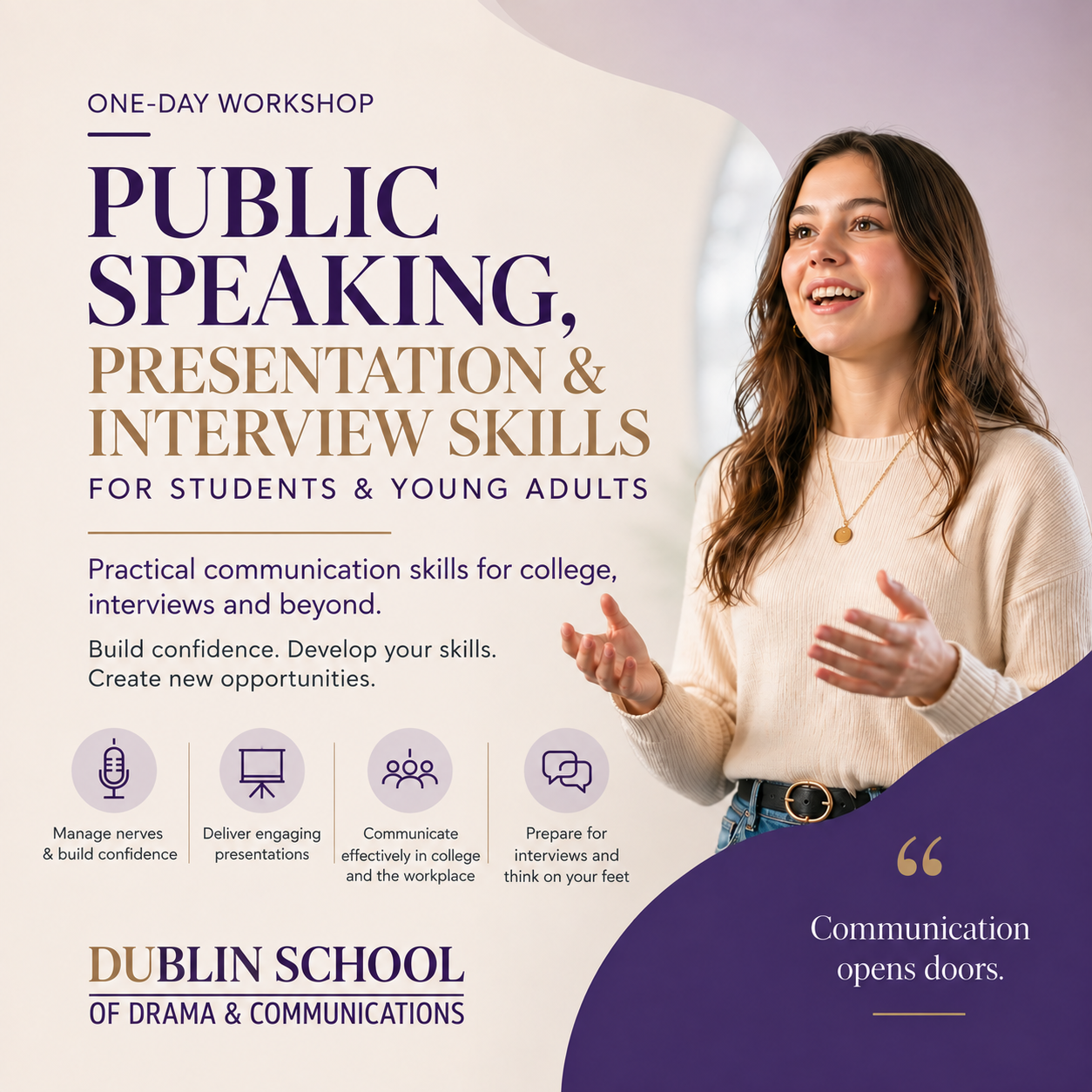 Young adult practising public speaking and presentation skills at a Dublin School of Drama & Communications workshop.